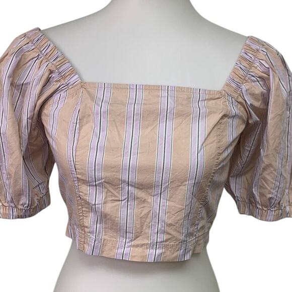 New Aerie Womens Small Striped Puff Sleeve 100% Cotton Smocked Square Neck Top - Picture 3 of 8